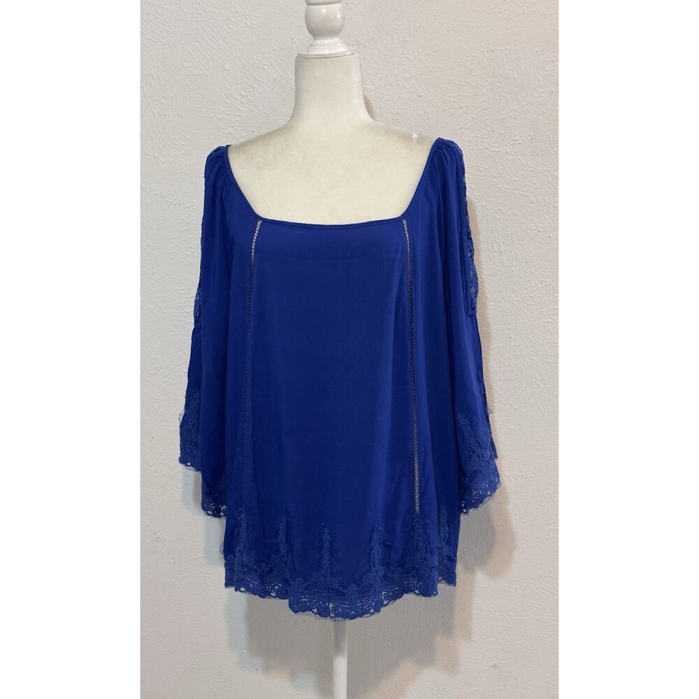 Solitaire Women Size 1X Blue Lace Embroidery 3/4 Sleeve Blouse Boho Peasant